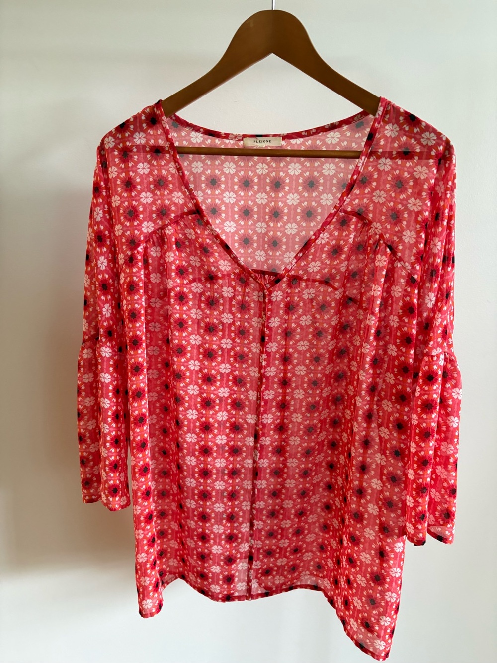 Pleione Coral-Red Floral V-Neck Sheer Blouse